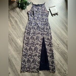 CDC Caren Desiree Company 90s VTG Shiny Jacquard Floral Tapestry Halter Dress 8